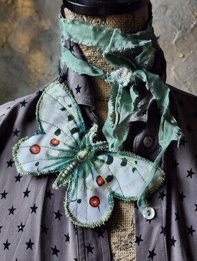 Cottage Jabot Botanical Bowtie Butterfly Necklace Belt Upcycled Artisan Fabric